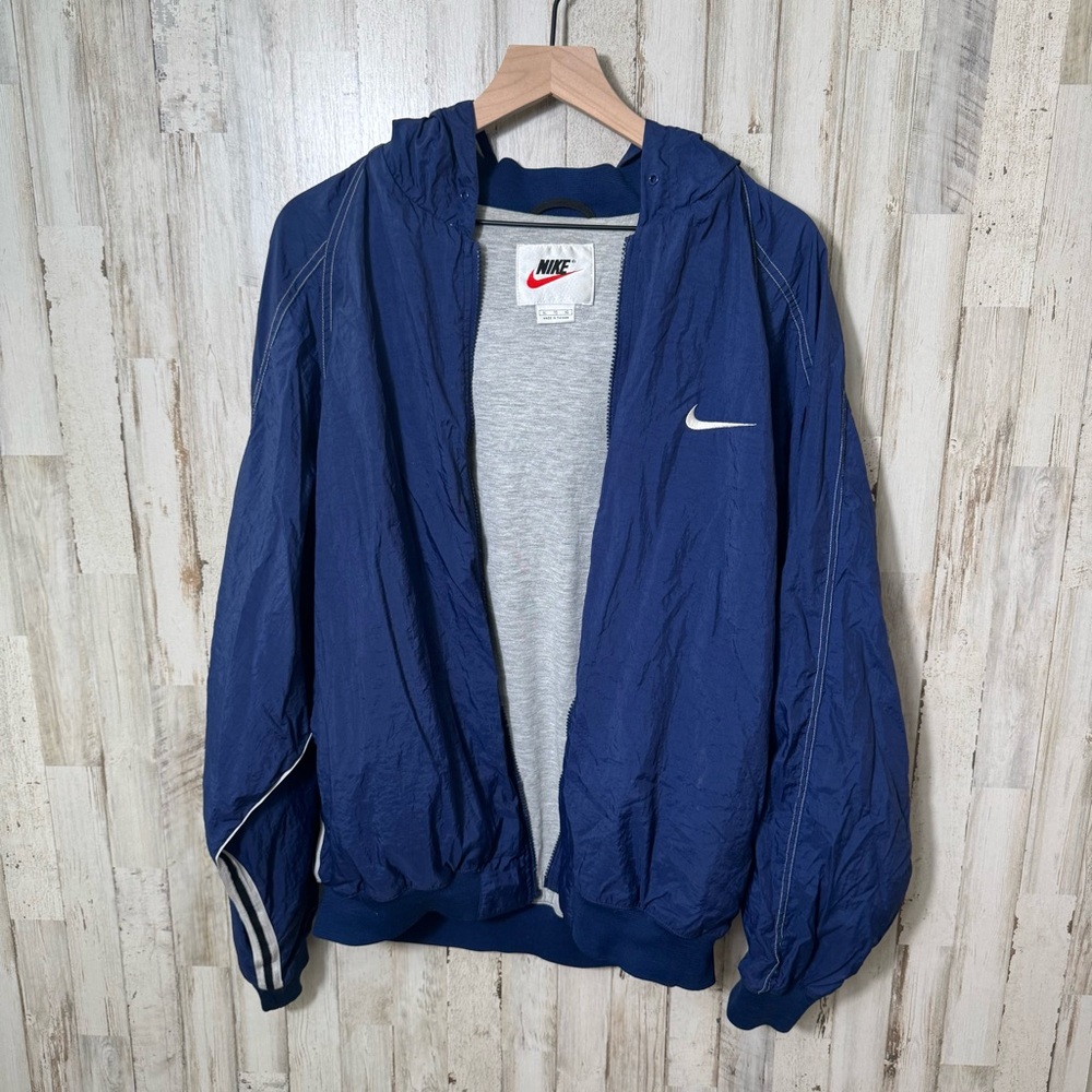 Vintage‎ 90s Nike Navy 2 Stripe Zip Jacket Windbreaker Mens Size XL